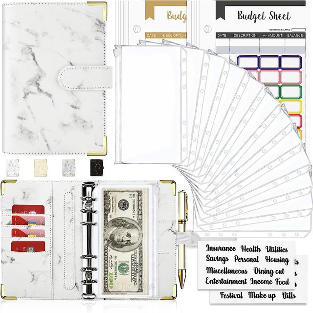 Art Farmer A6 Budget Binder Money Saving Organizer aus weißem PU-Leder mit Marble-Design und Ringbuch-System - Bild 1