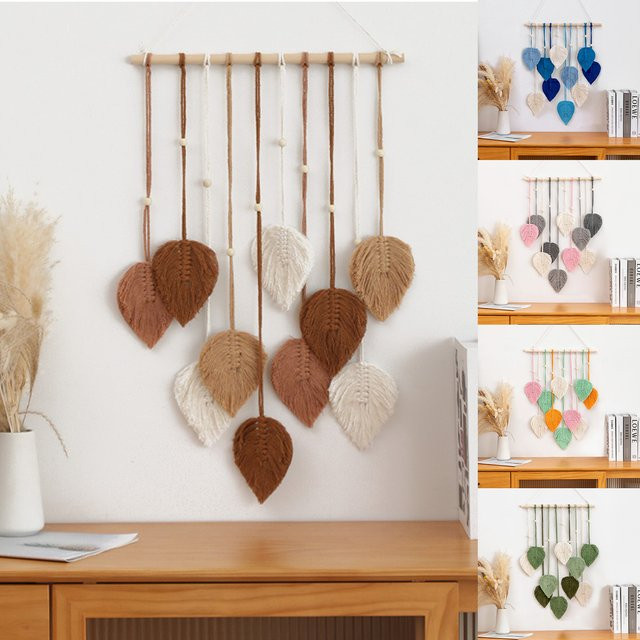 Handgewebter Makramee Wandteppich mit Blatt-Motiv im Boho-Stil, grau und beige, floraler Wandbehang für Wohnzimmer und Schlafzimmer - Bild 1