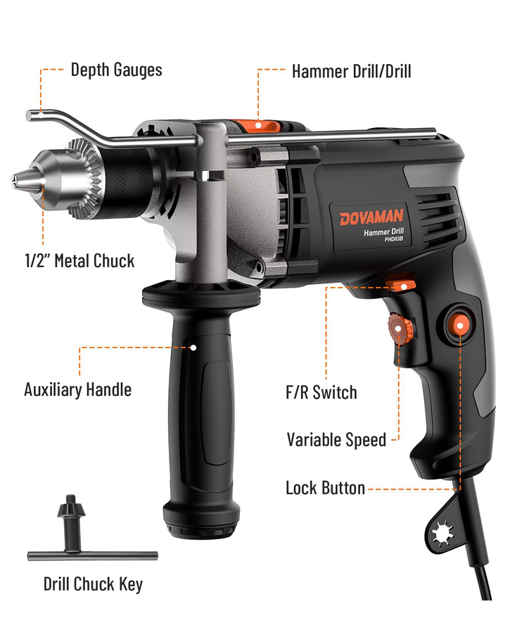 DOVAMAN Schnurgebohrhammer mit 7,5 A und 1/2 Zoll Schlagbohrmaschine, 0–3000 U/min, Metallfutter, 2 Modi für Beton, Holz und Metall, inklusive Bits und Koffer - Bild 5