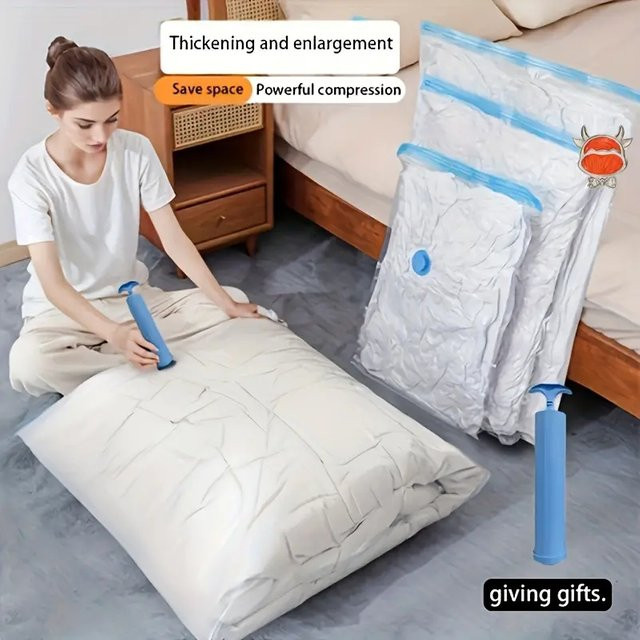 AGASHE 9-teiliges Kunststoff-Aufbewahrungsset mit manueller Pumpe, platzsparende Vakuumbeutel für Kleidung, transparent - Bild 1
