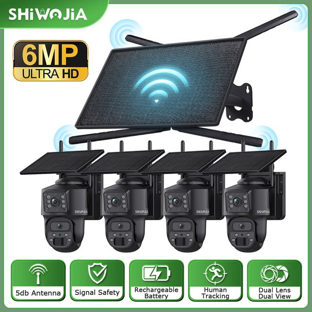 SHIWOJIA Solar-Sicherheitskit mit 6MP Dual-Objektiv Kabellosem CCTV-Kamerasystem für den Außenbereich, 10W 4G und Wi-Fi, Schwarz - Bild 1