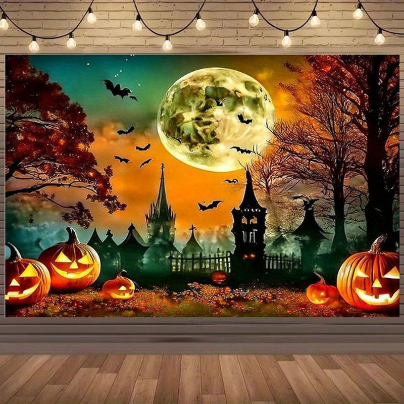 sjs Halloween 2D Hintergrund Dekoration mit Jack-O'-Lantern, Fledermäusen, Vollmond und Herbstbäumen, mehrfarbig, rechteckig - Bild 1