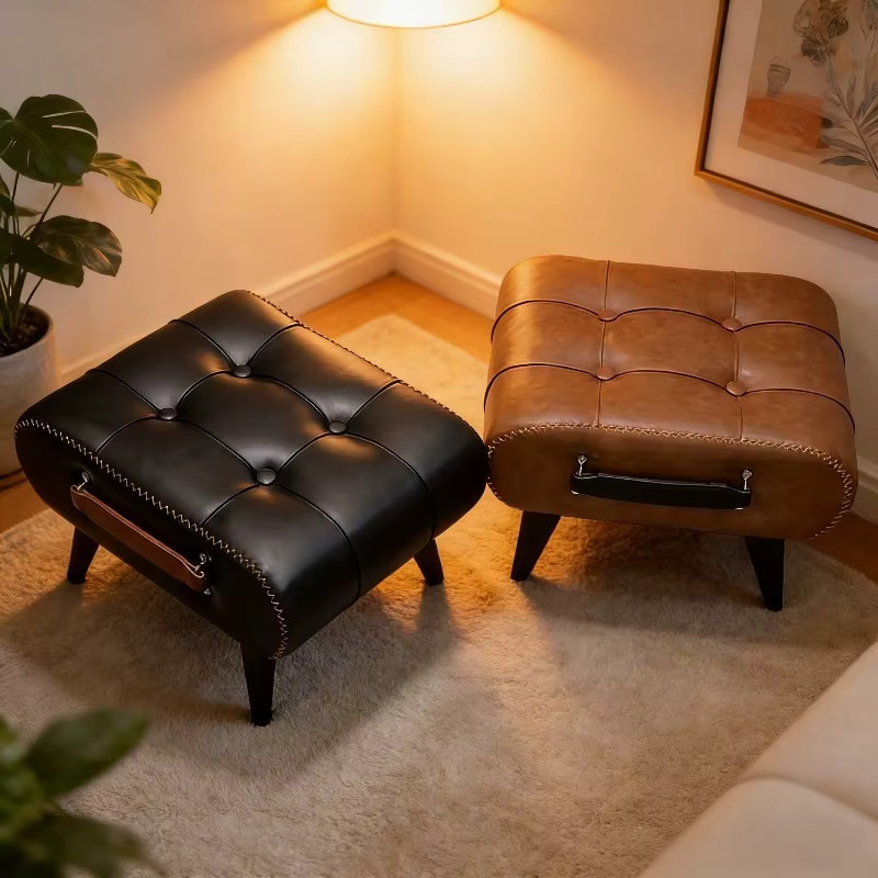 LIUSHADUOLA Ölwachsleder-Hocker in Schwarz als gepolsterter Fußhocker für Wohnzimmer und Eingangsbereich - Bild 1