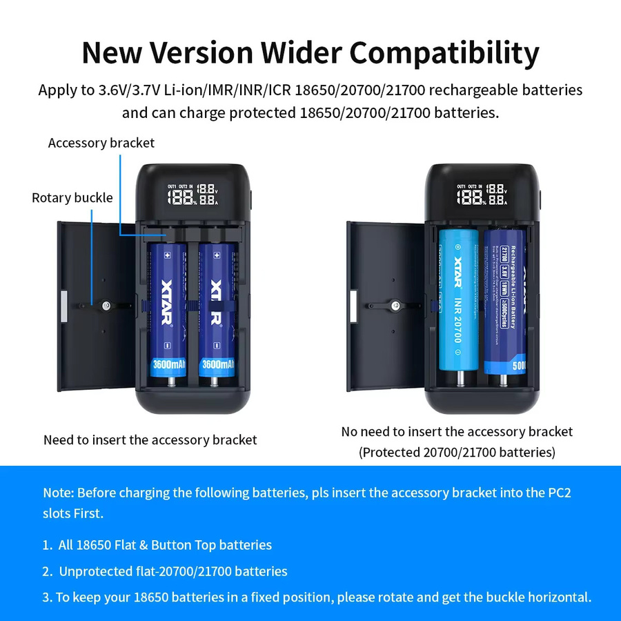 XTAR PC2 2-in-1 Ladegerät und Powerbank für 18650 20700 21700 Batterien in Schwarz mit Smart-Display - Bild 1