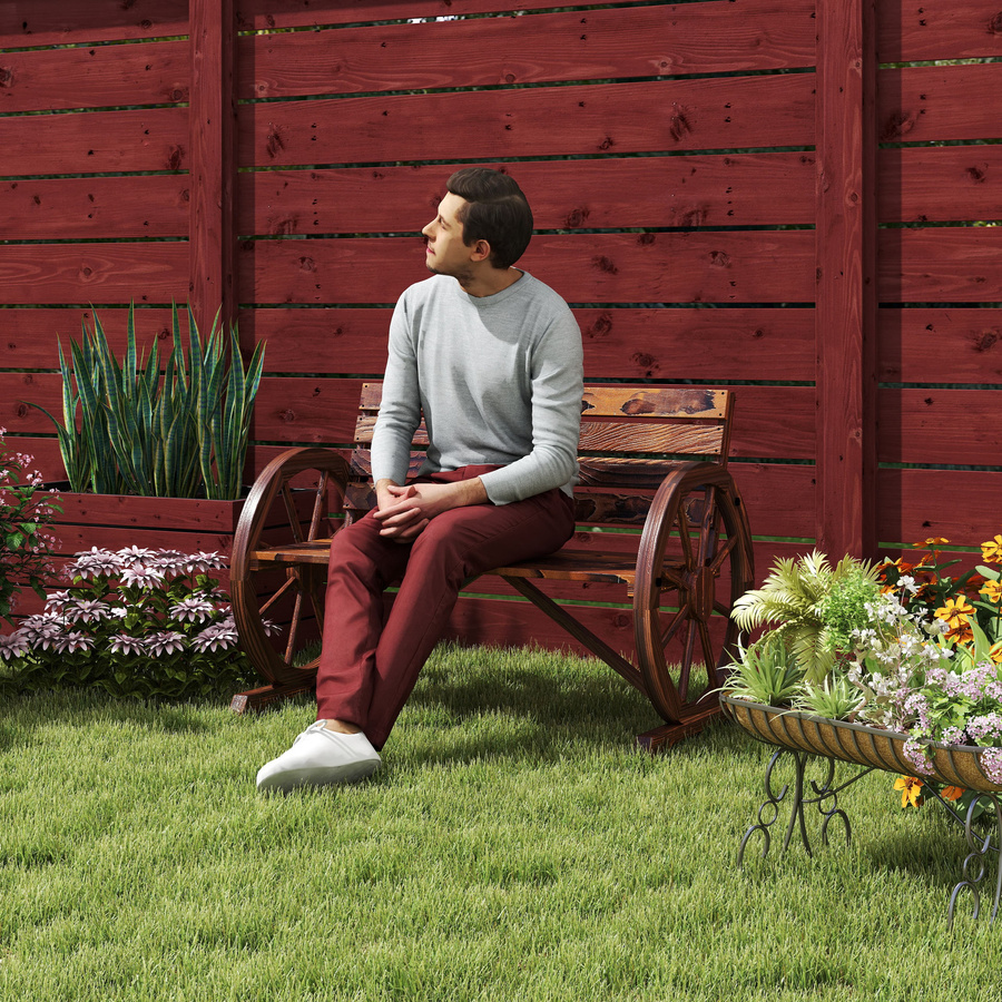 Outsunny Gartenbank 2-Sitzer aus Tannenholz im Landhausstil mit Wagenrad-Armlehnen, Braun, B/T/H: 105,5 x 56 x 79 cm - Bild 2