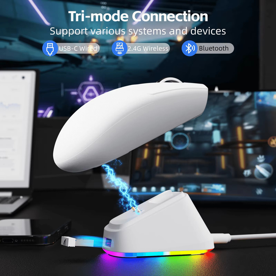 ATTACK SHARK G3PRO Gaming-Maus mit magnetischer Ladestation, PixArt PAW3311 Sensor, kabellos via Bluetooth oder 2,4 GHz sowie kabelgebunden, Farben: Schwarz oder Weiß - Bild 4