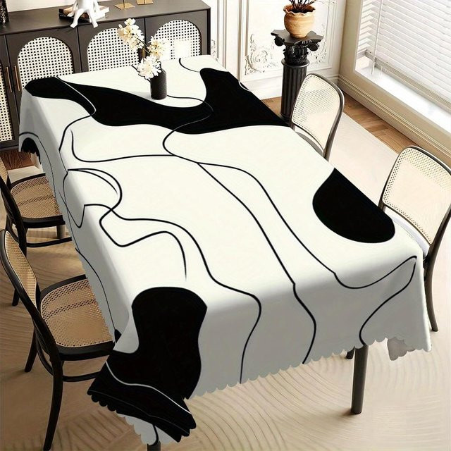 Moderne Tischdecke von Fancy Style Studio mit abstraktem Linienmuster in Schwarz und Weiß, wasserabweisend aus Polyester, B/T: 140 x 200 cm - Bild 1