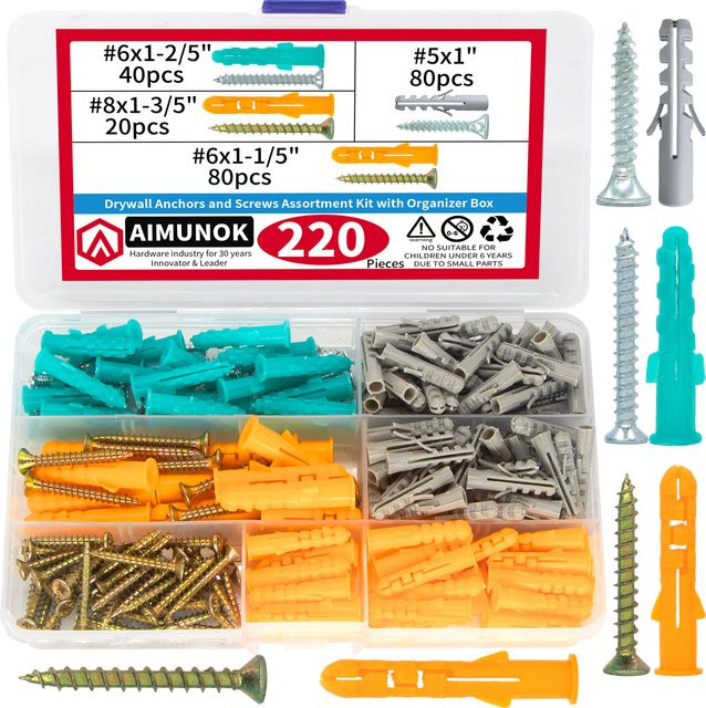 AIMUNOK 220-teiliges Trockenbau-Set mit Dübeln, Schrauben und Werkzeugen in einer Organizer-Box, mehrfarbig - Bild 1