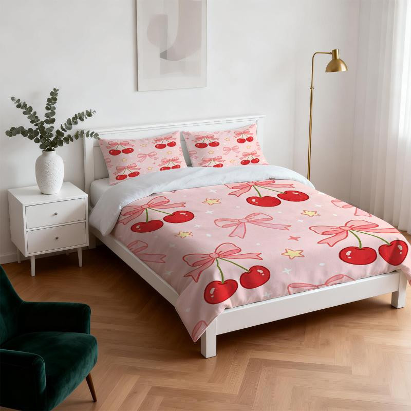 Bettwäscheset mit Kirschblüten- und Schleifenmuster in Rosa, Mikrofaser, B/H: 135 x 200 cm - Bild 3