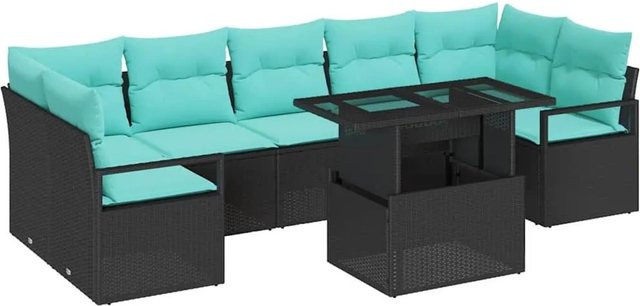 vidaXL Garten-Sofa-Set 8-tlg. aus Poly-Rattan mit Kissen in Schwarz und Blau - Bild 1