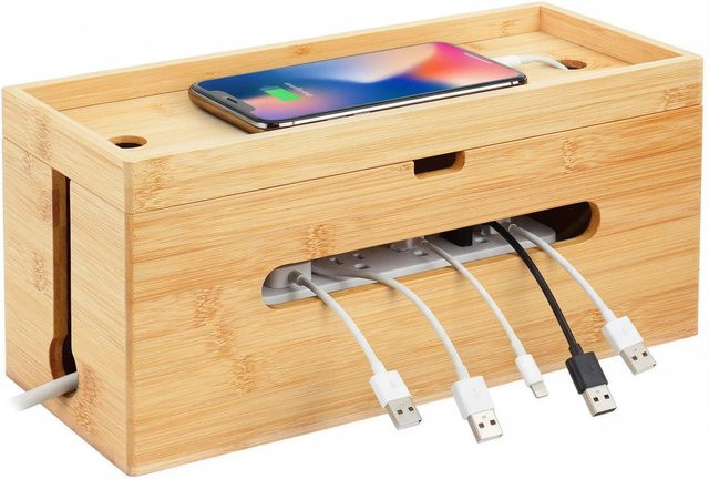 Relaxdays Kabelbox aus Bambus in Natur mit Ablage, Farbe: Braun, B/T/H: 34 x 16 x 13,5 cm - Bild 1