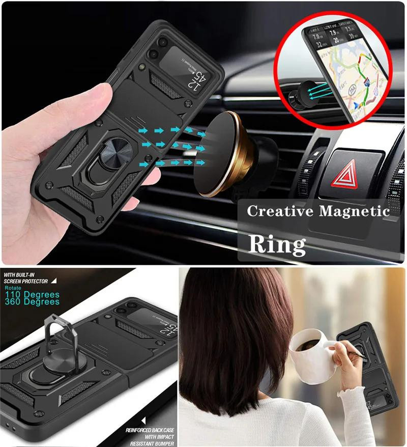 Armor Stoßfeste Hülle für Samsung Galaxy Z Flip 5 mit Magnetischem Ringhalter Ständer und Schiebe-Objektivabdeckung in Schwarz - Bild 1