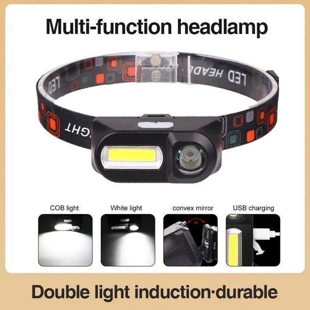 ESMARTER USB wiederaufladbare COB-LED-Stirnlampe in Schwarz für Outdoor, Camping und Nachtangeln - Bild 1