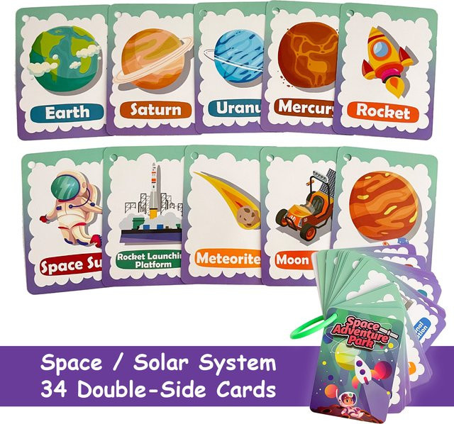 QKX Englische Lernkarteikarten zum Sonnensystem und Weltraum für Kinder, pädagogisches Lehrmittel aus Papier, Mehrfarbig - Bild 1