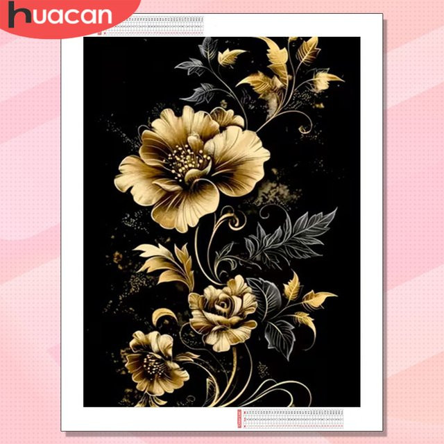 HUACAN Diamant-Gemälde Blumen Goldenes Mosaik Kunst-Set Wanddekoration B/H: 30 x 20 cm - Bild 1