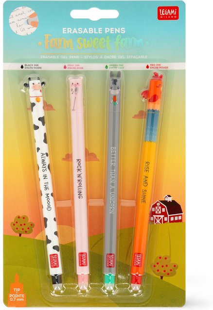 Legami Erasable Gel Pen Set Farm Sweet Farm in Schwarz, Rosa, Grün und Rot - Bild 1