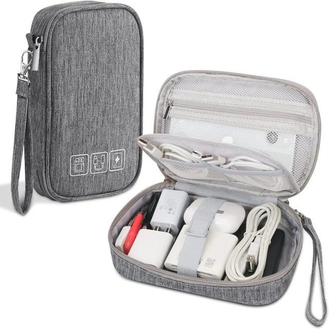 Tragbare Mehrzweck-Kabel-Aufbewahrungstasche als elektronischer Organizer für Ladegeräte und USB-Zubehör in Grau - Bild 1