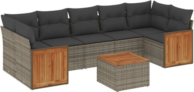 vidaXL 8-tlg Garten-Sofagarnitur in L-Form aus Polyrattan und Akazienholz mit Kissen, Grau - Bild 1