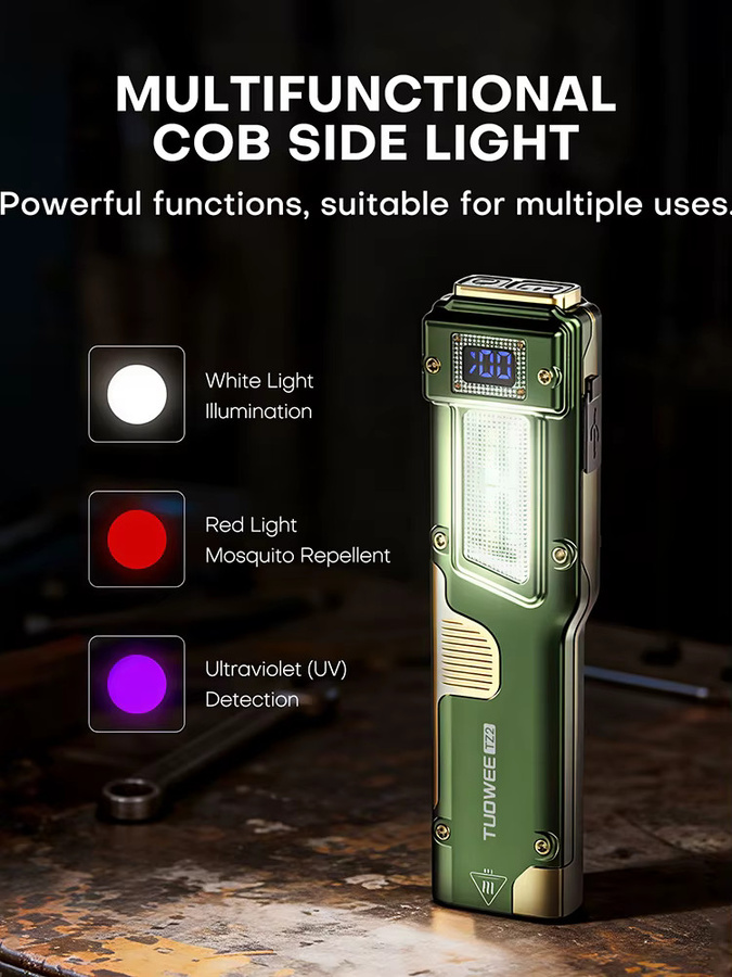 PASIION EDC Taktische Taschenlampe mit 2000LM Dual-LED, USB-C wiederaufladbar, COB-Seitenlicht in Weiß, Rot und Grün, LCD-Display und magnetischem Clip - Bild 2