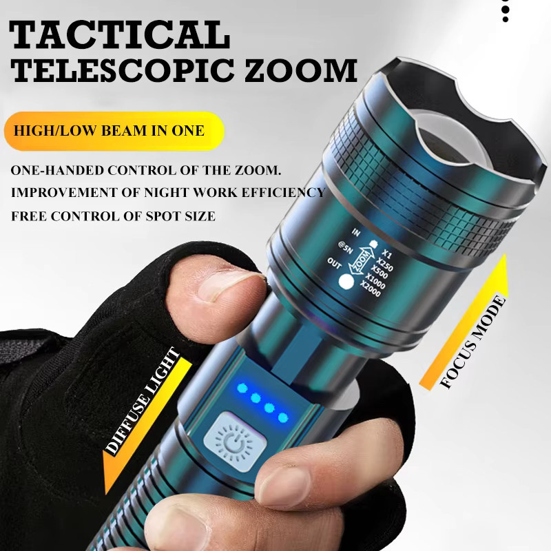 KDULIT LED-Taschenlampe mit USB-Ladefunktion und Teleskop-Zoom in Schwarz - Bild 3