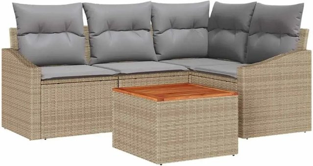 vidaXL Garten-Sofa-Set 5-tlg. in L-Form mit Kissen und Couchtisch, Beige/Grau, Poly-Rattan mit Metallgestell - Bild 1