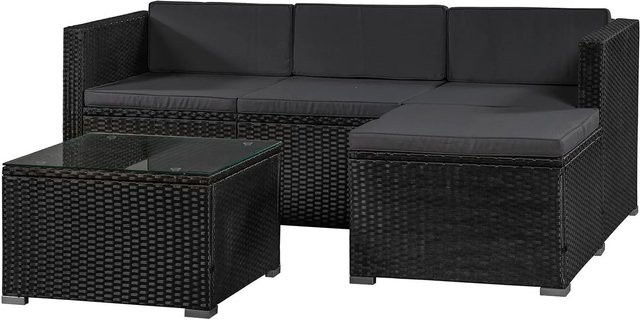 Juskys Polyrattan Lounge Sitzgarnitur Punta Cana M in Schwarz mit dunkelgrauen Bezügen für 3-4 Personen inklusive Sofa, Tisch und Hocker - Bild 1