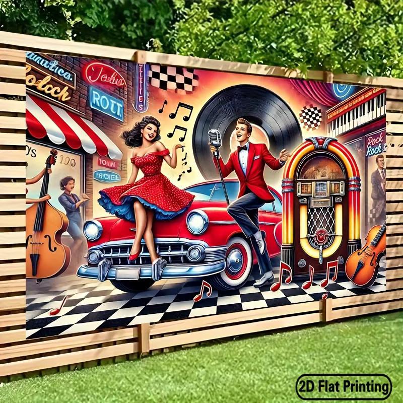 VIKAMA Retro Rock Hintergrundtuch mit amerikanischem Auto und Jukebox als Hängedekoration für Party und Bar, Mehrfarbig - Bild 2