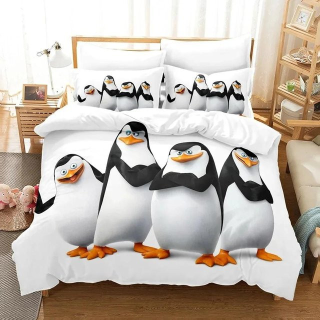 Jinmeige Madagaskar Pinguin Bettwäsche Set mit Bezug und Kissenbezug aus Mikrofaser, Farbe: Weiß, B/H: 135 x 200 cm - Bild 1