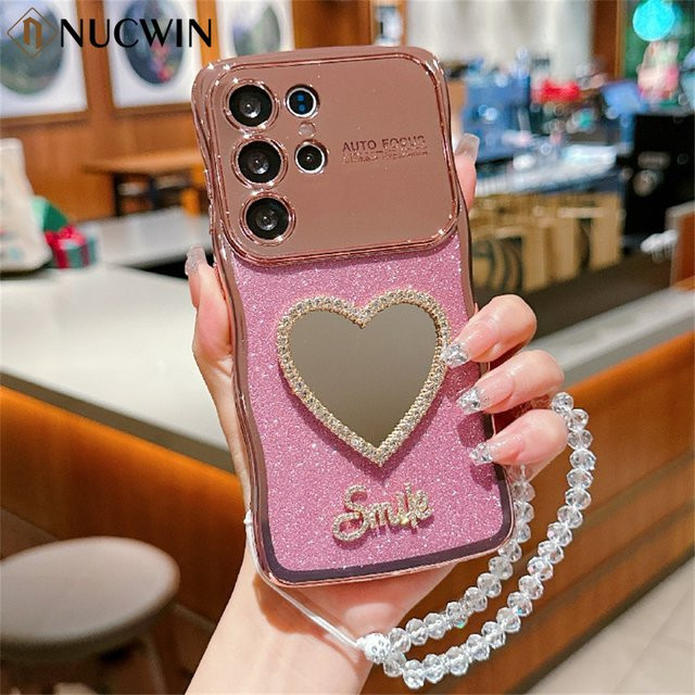 Samsung Galaxy Handyhülle mit Liebesherz Schminkspiegel und Kristall-Handgelenkskette in Pink für Galaxy S24, S25 Ultra, S22 Plus und S23 FE - Bild 1