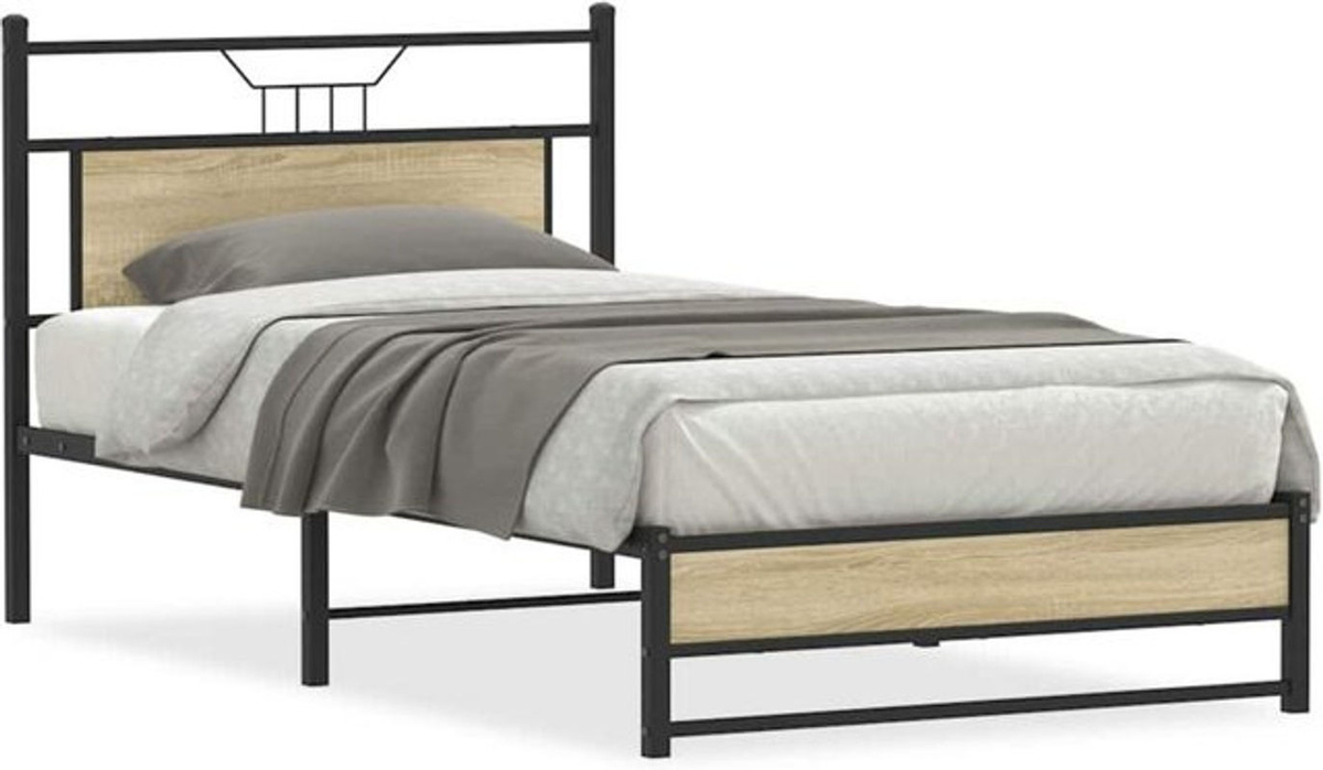 Vidaxl Einzelbett Bettgestell ohne Matratze aus Holzwerkstoff und Stahl in Eiche Natur Braun B: 100 cm, T: 190 cm - Bild 1