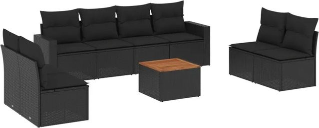 vidaXL 9-teilige Garten-Sofagarnitur aus Poly-Rattan und Akazienholz in Schwarz mit Kissen - Bild 1