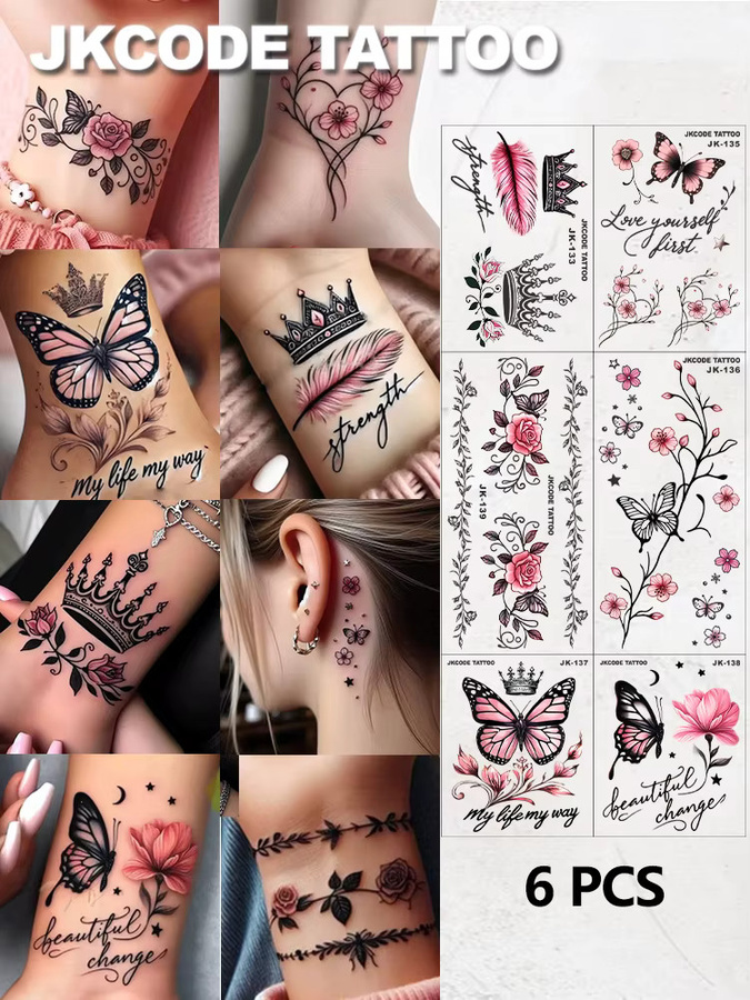 JKCODE TATTOO Temporäre Tattoos Pinky Rose Butterfly, 8 Stück, bunt - Bild 5