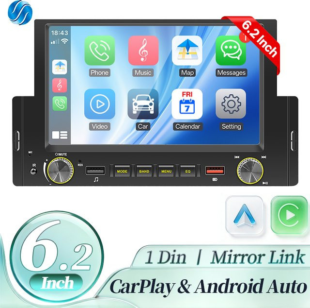 HIPPCRON 1DIN Multimedia Radio mit 6,2 Zoll HD-Touchscreen, Carplay, Android Auto, Bluetooth und zwei USB-Anschlüssen, Schwarz - Bild 1