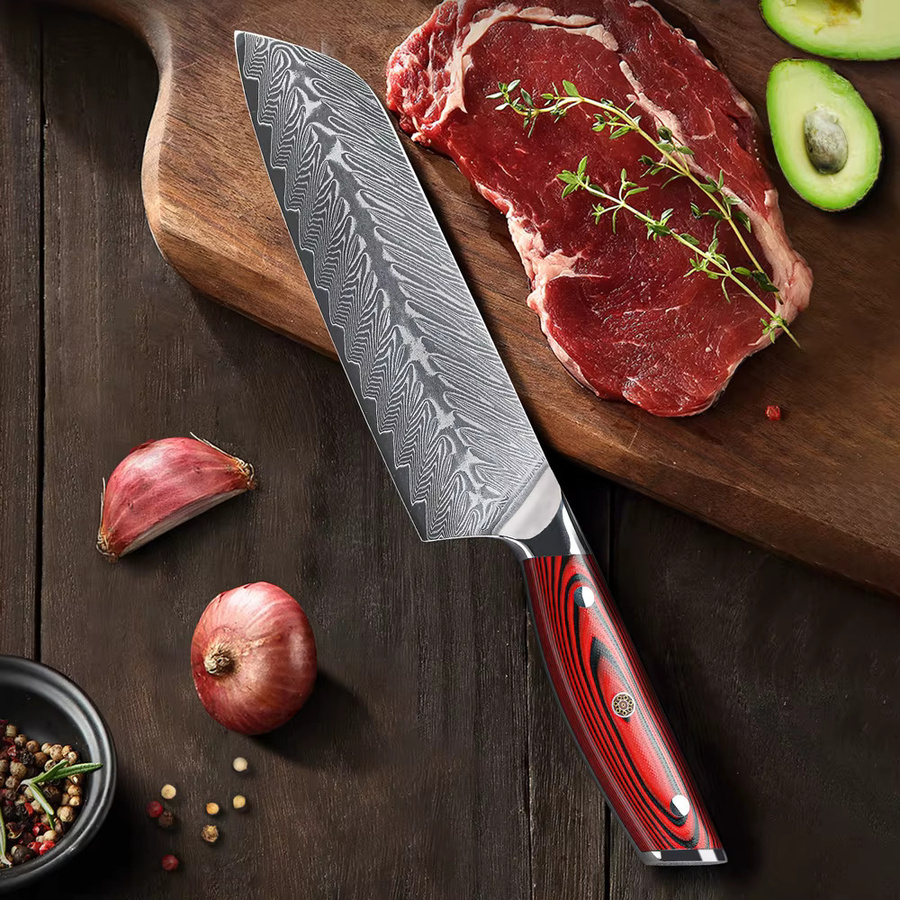 MOSTODOZO Santoku-Messer aus 67-lagigem Damaststahl, 17,78 cm, Silber - Bild 2