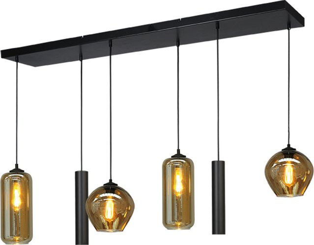 Masterlight Quinto 4/2 Pendelleuchte 6-flammig in Schwarz mit transparentem Rauch-Glas in Tropfen- und Zylinderform, höhenverstellbar und dimmbar - Bild 1