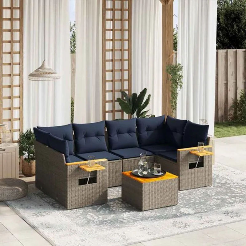 7-teilige Garten-Sofagarnitur aus Poly-Rattan mit Kissen in Grau von vidaxl - Bild 1