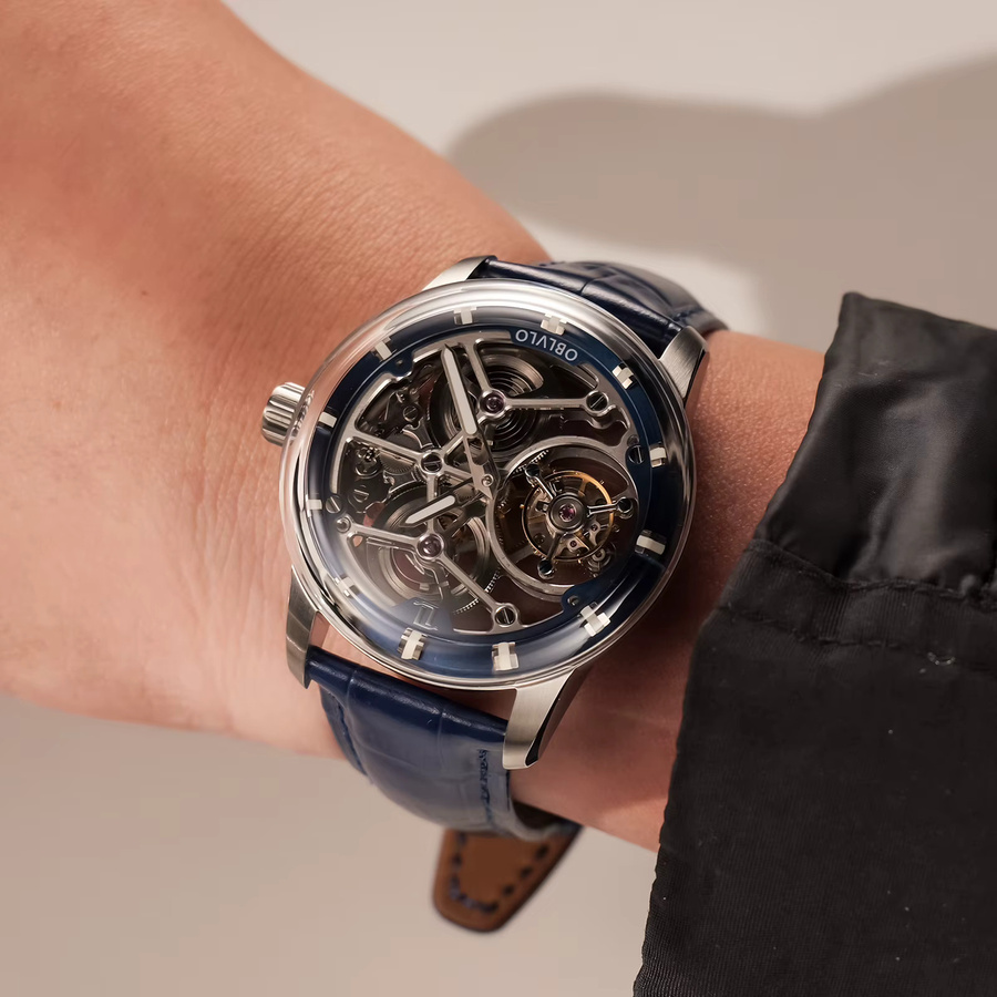 Oblvlo Armbanduhr Tourbillon, mechanisch, Edelstahl, blau, Leder, Herren - Bild 4