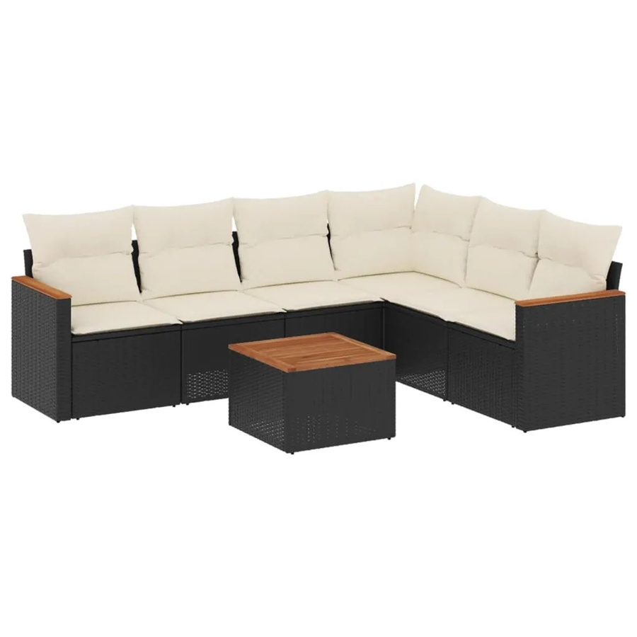 vidaXL 7-teilige Garten-Sofagarnitur in L-Form aus Poly-Rattan und pulverbeschichtetem Stahl mit Kissen in Schwarz-Creme - Bild 2