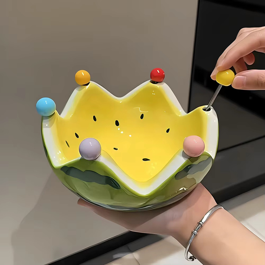 Aihogard Keramik Obstschale in Wassermelonenform mit Gabeln, gelb und mehrfarbig, ideal als Schüssel für Obst, Dessert oder Salat - Bild 2