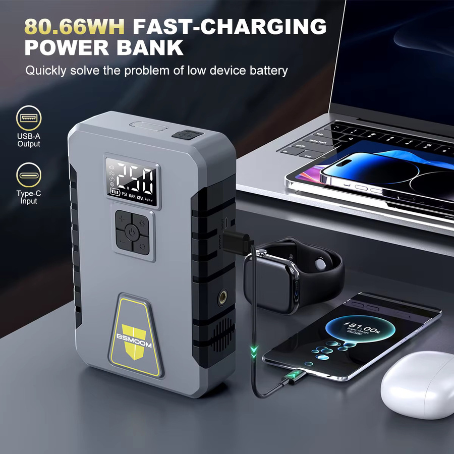 BSMOOM Tragbarer Auto Batterie Booster mit Digital Display und 26800 mAh Power Bank in Grau - Bild 4