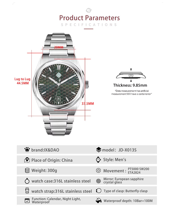 IX&DAO Armbanduhr Automatik, Edelstahl, 37 mm, Herren - Bild 2