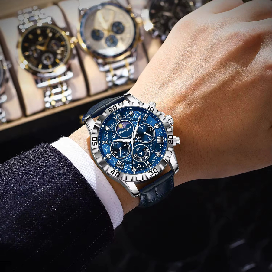 POEDAGAR Chronograph Armbanduhr, Quarz, Leder, Herren, Blau - Bild 4