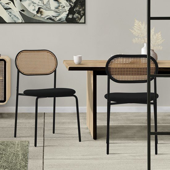 ML-Design Esszimmerstuhl 2er Set Schwarz mit Rattan-Geflecht und Polsterung - Bild 1