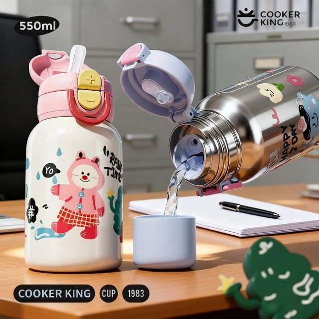 COOKER KinG Thermosbecher für Kinder aus 316er Edelstahl mit Strohhalm, isolierter Trinkbecher in Blau - Bild 1