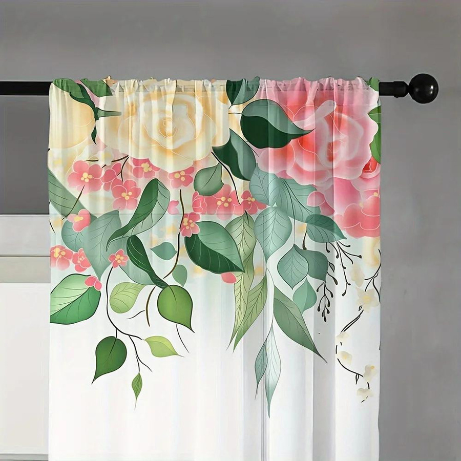 2er-Set Yiran Furniture Halbtransparente Voile-Vorhänge mit Blumendruck, Mehrfarbig, Höhe: 160 cm, Breite: 100 cm - Bild 2