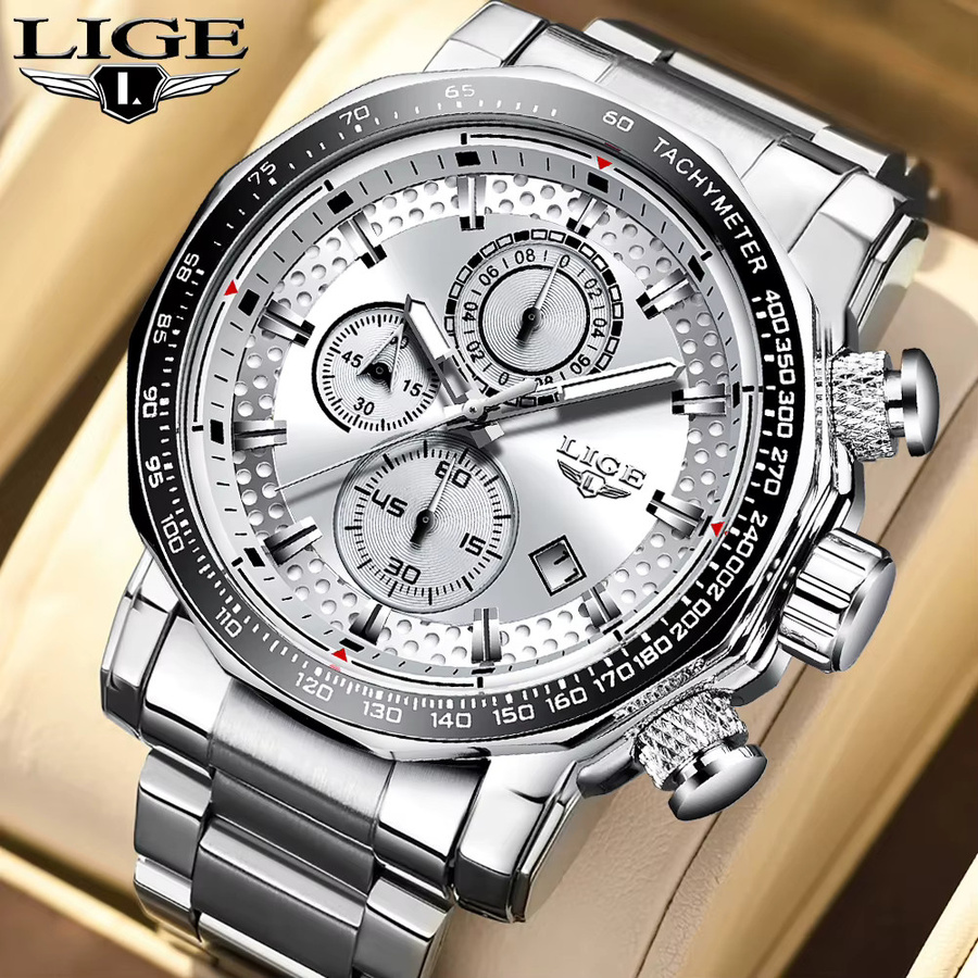 LIGE Chronograph Herrenuhr, Quarz, Edelstahl, Schwarz - Bild 6