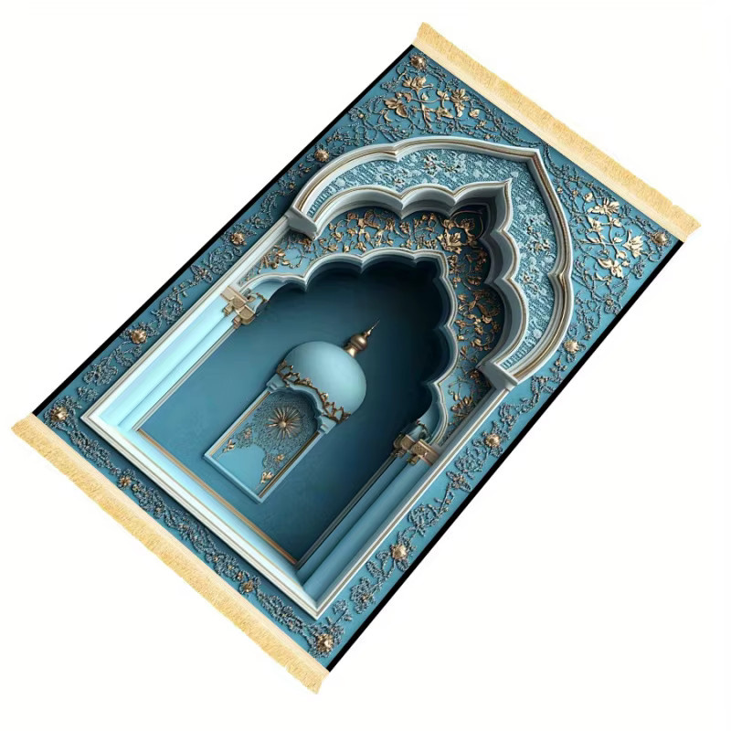 VIKAMA Gold Luxus-Gebetsteppich in Blau, rutschfest, maschinenwaschbar und mit Quasten, orientalisches Design - Bild 2