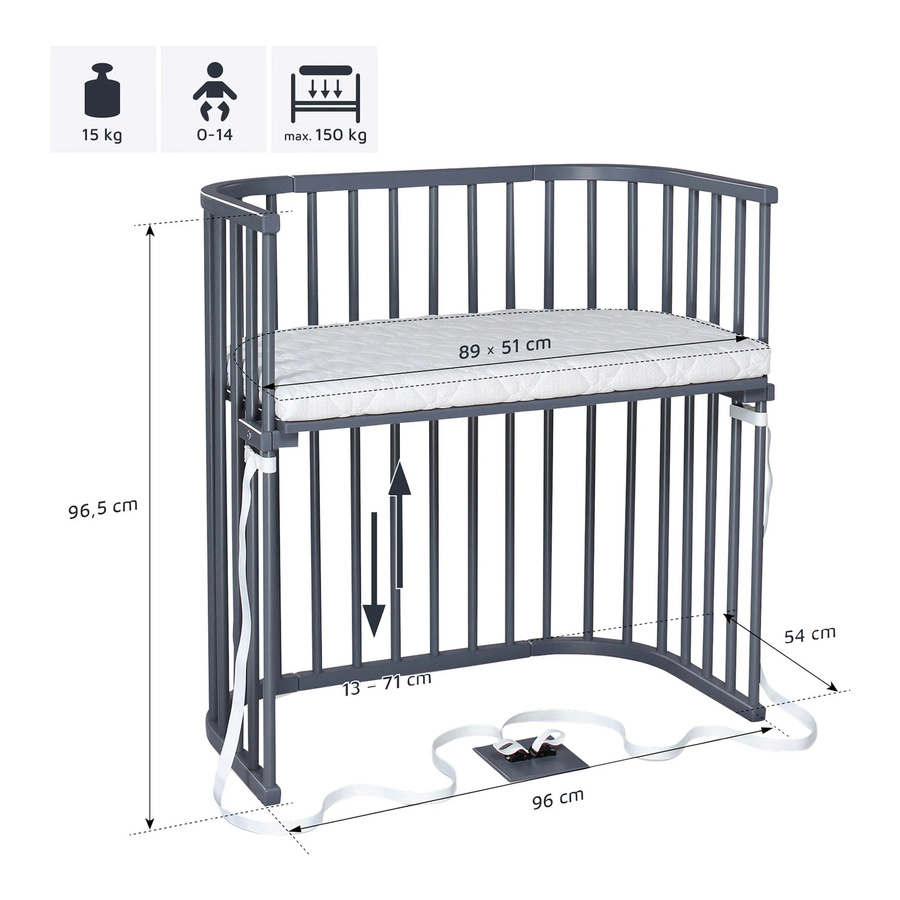 Babybay Beistellbett Boxspring aus Buche in Grau, B/T: 89 x 51 cm - Bild 1