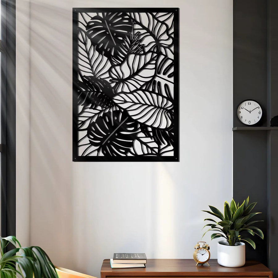 CIFBUY Wandkunst aus Metall in Schwarz mit lasergeschnittenem Monstera-Palmblatt im Boho-Stil - Bild 4