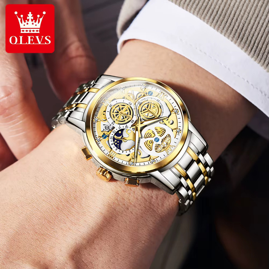 OLEVS Armbanduhr Chronograph, Mondphase, Quarz, Gold, Edelstahl, Herren - Bild 5